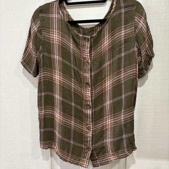 Caslon Plaid Short Sleeve Button-Back Top Women’s Large - Picture 3 of 4